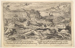 Tufan dünyadaki yaşamı yok eder: ön planda başıboş insan ve hayvan cesetleri..., 1612.