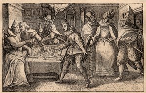Gezici oyuncularla tavla partisi - Hollanda bakır levha gravürü; bir dizi baskıdan, Hortus Voluptatem, Crispin de Passe (1550-1643) - Tavla oynayan bir çift, Crispin de Passe l