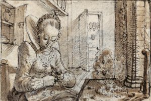 Şık genç bir kadın cevizleri kabuklamak için mutfak masasında oturuyor (kalem ve kahverengi mürekkep, kağıt üzerinde kahverengi yıkama ile) by Crispin I de Passe