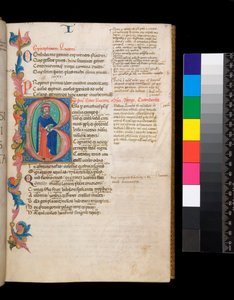 Ms 325. Lucan, Bellum Civile ve diğer eserler, f.10r. Işıklı baş harfi [B], tam boy bir yazar portresinin yer aldığı, kısmi bir yaprak sınırına uzanan, c.1400-10 (parşömen) by Cristoforo Cortese