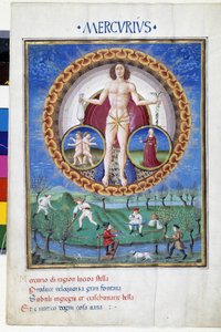 Bakire ve Mücevherlerin zodyak işaretleri ile Merkür. Alt katta, tarlalarda çalışan köylüler. Minyatür Cristoforo de Predis (v. 1440-v. 1486) - “” De Sphaera””” d