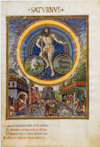 Kova ve Oğlak burçlarıyla Satürn. Oyun sahneleri ve erkekler üzerindeki etkisi. (minyatür, c.1470)