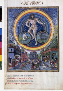 Kova ve oğlak burçları olan Satürn. Alt katta, oyun sahneleri ve erkekler üzerindeki etkisi. Minyatür Cristoforo de Predis (v. 1440-v. 1486) - “” De Sphaera””” d