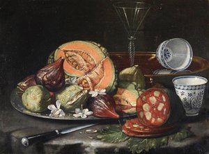 ""Natürmort"" (Natürmort) Kavun, sosis, incir ve Çin porseleni Tablo Cristoforo Monari (Munari) (1667-1720), - Tuval üzerine yağlı boya, 44x56 - Fondation Custodia