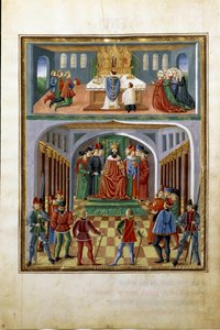 Güneşin etkisi: dünyevi güçler (kralın sarayından önce) ve manevi güçler (kilisede hizmet eden rahip). (minyatür, c.1470) by Cristoforo De Predis