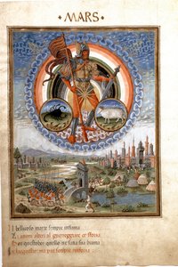 Akrep ve inananların zodyak işaretleri ile Mars. Savaş sahneleri. (minyatür, c.1470)