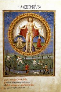 Bakire ve Mücevherlerin zodyak işaretleri ile Merkür. Tarlada çalışan köylüler (minyatür, c.1470)
