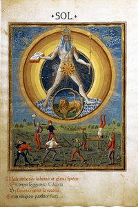 Aslan burcu ile güneş. Erkeklerin fiziksel egzersizlerinden sahneler. (minyatür, c.1470) by Cristoforo De Predis