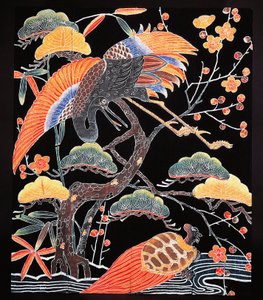 Uğurlu motifli kimono kumaştan vinç ve uzun kuyruklu kaplumbağa (tsurugame) detayı, Japon uygarlığı, Edo dönemi by Culture Edo