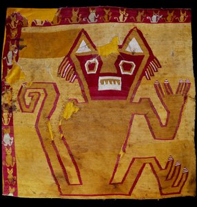 Kolomb öncesi sanat, Nazca uygarlığı: zoomorfik temsili olan kumaş parçası. 100 BC-800 AD. Göteborg, etnografya müzesi