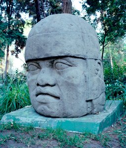 Kolomb öncesi medeniyet: devasa Olmec kafası. 10-7 yüzyıl M.Ö. Meksika. Park Musée de La Vente