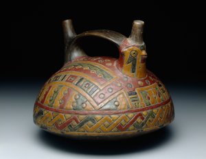 Bir şahini betimleyen çift ağızlı kayış kulplu kap, Early Horizon, Epoch 8, MÖ 500-400 dolayları. (seramik ve reçine askılı boya) by Culture Paracas