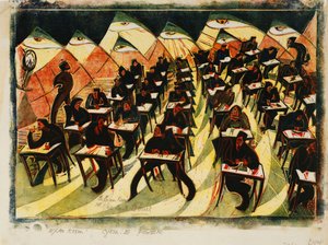 Sınav Odası, c. 1934 (ince Japonya üzerine renkli baskılı linocut)