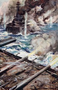 1916'da yayınlanan 'Told in the Huts: The YMCA Gift Book'tan bir çizim, 'Borudan ateş eden bir zırhlı filosu' by Cyrus Cuneo