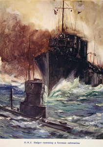'HMS Badger bir Alman denizaltısına çarpıyor', 1916'da yayınlanan 'Told in the Huts: The YMCA Gift Book'dan bir çizim