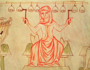 Mx XXIII C.124 Çan çalan müzisyen, Velislav İncilinden, c.1340 by Czech School