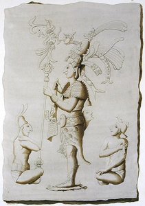Bir kral, saraydan heykel, Palenque, Chiapas, Meksika (renkli gravür) by D.K. (after) Bonatti