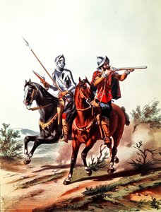 Tekerlek kilitli tabancalarla donanmış Fransız süvarileri (renkli lito) by D. de (after) Noirmort