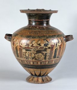 Akhilleus'un yasını tutan Nereidleri betimleyen siyah figürlü hidria, MÖ 560-550 dolayları (seramik)