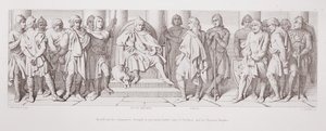 Harold ve arkadaşları, tutsak olarak, Guy of Ponthieu ve Norman şövalyelerinin önüne L. Gruner tarafından kazınmış 'Norman Fethinin Öyküsü'nden getirdiler, 1866 by Daniel Maclise