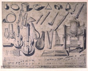 Çeşitli müzik aletleri: vurmalı çalgılar, yaylı ve nefesli çalgılar, org, 20. yüzyıl (renkli gravür)
