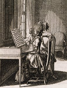Müzik, omurgayı oynayan kadın, yazan Daniel Niklaus Chodowiecki (1726-1801), Occupations des dames, Almanya, Polonya by Daniel Nikolaus Chodowiecki
