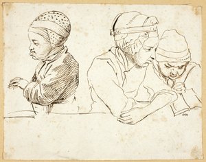 Üç Çocuk (rekto); Baş, Gözler, Dudaklar ve Çiçeklerin Eskizleri (ters) by Daniel Nikolaus Chodowiecki