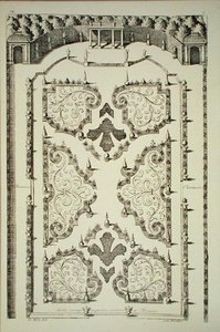 Dört parter ve terasla bölünmüş bahçe (gravür)