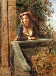 Pencerede genç kız veya balkonda genç kadın, Daniele Ranzoni (1843-1889), ahşap üzerine kağıt üzerine yağlı boya, 44x33 cm