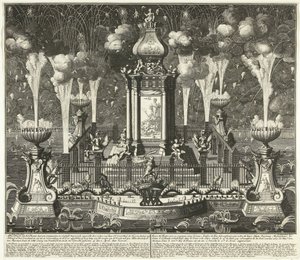 Utrecht Antlaşması'nın kutlanmasında havai fişekler, 1713 Ordere van Haar Ed tarafından dikilen syn süslemeli ve konstig havai fişekli tiyatronun resmi. Groot Mog: Lahey'deki Heeren Staten van Holland ve West Vriesland (...) by Daniël Stopendaal