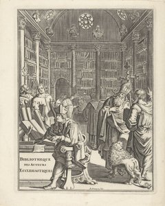 Din adamları ile kütüphane içi Başlık sayfası: Bibliotheque des Authors Ecclesiastiques, yılsız by Daniël met de Penningen