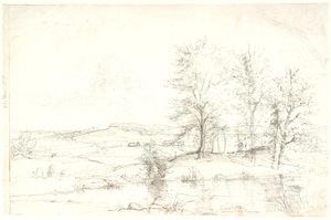 Tepelik bir ormanlık manzara görünümü. Ön planda bir göl by Dankvart Dreyer