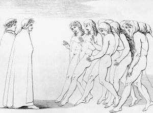 Dante Alighieri'nin (1265-1321) alegorik şiiri, Araf'ın 3. kantosu İlahi Komedya için örnek, Dante'nin hayatta olduğunu görünce ruhlar irkilir. by Dante Alighieri