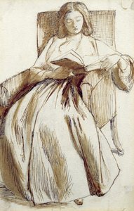 Elizabeth Siddal Kitap Okumak (kalem ve mürekkep ve yıkama) by Dante Gabriel Charles Rossetti