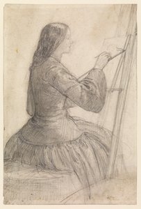 Elizabeth Siddal bir şövalede oturuyor, resim yapıyor, 1854-55 dolaylarında by Dante Gabriel Charles Rossetti