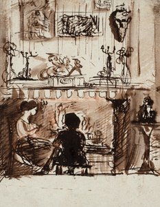 Lizzie Siddal ve Woolner Hayali Bir Odada (kalem, mürekkep ve yıkama)