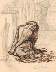 Rahibe Helen, 1870 dolayları (tahtaya monte edilmiş kağıt üzerine grafit ve kahverengi mürekkep) by Dante Gabriel Charles Rossetti