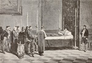 Kardinal Giacomo Antonelli'nin Vatikan'daki odalardan birinde yatan hali, L'Illustrazione Italiana'dan Dante Paolocci'nin bir çiziminden gravür, No 57, 26 Kasım by Dante Paolocci