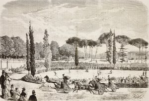 Villa Borghese'de araba yarışları, Roma, İtalya, L'Illustrazione Italiana'dan Dante Paolocci'nin çiziminden gravür, No 39, 23 Temmuz by Dante Paolocci
