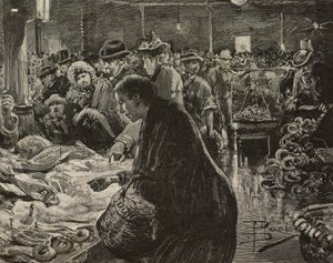 Roma, İtalya'daki Noel pazarı, L'Illustrazione Italiana'dan Dante Paolocci'nin çiziminden sonra gravür, XX Yılı, Sayı 53, 31 Aralık