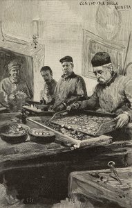 İtalya, Roma darphanesinde madeni para sayma, Dante Paolocci'nin çiziminden sonraki gravür, L'Illustrazione Italiana'dan, Yıl XX, Sayı 51, 17 Aralık by Dante Paolocci