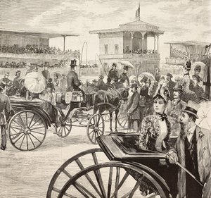Yarış pistinde bir at yarışına katılan zarif erkekler ve kadınlar, Roma, İtalya, Dante Paolocci'nin bir çiziminden gravür, L'Illustrazione Italiana'dan, yıl 12, sayı 18, 3 Mayıs by Dante Paolocci