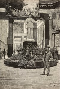Kumaş ve dantel sergisi, Rotonda and Fabrics Gallery, Roma, İtalya, Dante Paolocci'nin çiziminden gravür, L'Illustrazione Italiana'dan, No 15, 10 Nisan by Dante Paolocci