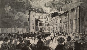 1893 İsrail okullarının yangını, Roma, İtalya, Dante Paolocci'nin çizim üstüne gravürü, L'Illustrazione Italiana'dan, Yıl XX, Sayı 7, 12 Şubat by Dante Paolocci
