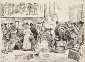 İstasyonda koleraya karşı fümigasyon, velocipede çırak, Roma, İtalya, Dante Paolocci'nin çiziminden gravür, L'Illustrazione Italiana'dan, No 37, Eylül 14 by Dante Paolocci