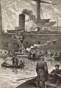 İtalyan askerleri Principe Amedeo zırhlısına binerken, İtalyan seferi, Kızıldeniz, Napoli, İtalya, Dante Paolocci'nin çiziminden gravür, L'Illustrazione Italiana'dan, yıl 12, sayı 5, 1 Şubat by Dante Paolocci