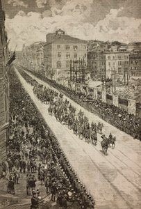 Kral, Dogali anıtının açılışından sonra Quirinal'e dönüyor, Roma, İtalya, L'Illustrazione Italiana No 24'ten Dante Paolocci'nin çiziminden gravür, 12 Haziran by Dante Paolocci