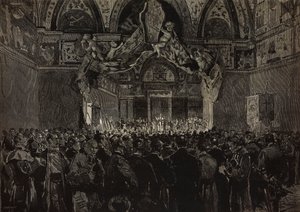 Leo XIII Fransız hacıları Ducal Hall, Papal Jubilee, Vatikan'da alırken, Dante Paolocci'nin çiziminden gravür, L'Illustrazione Italiana No 46'dan, 30 Ekim by Dante Paolocci