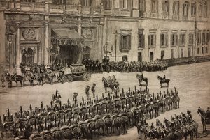 Parlamentonun açılışı, Kral I. Umberto'nun Montecitorio'ya gelişi, Roma, İtalya, Dante Paolocci'nin çiziminden gravür, L'Illustrazione Italiana No 51, 4 Aralık by Dante Paolocci