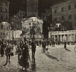 Elektrik ışığıyla aydınlatılan Piazza Colonna, Roma, İtalya, Dante Paolocci'nin çizimi, L'Illustrazione Italiana'dan gravür, No 50, 5 Aralık by Dante Paolocci